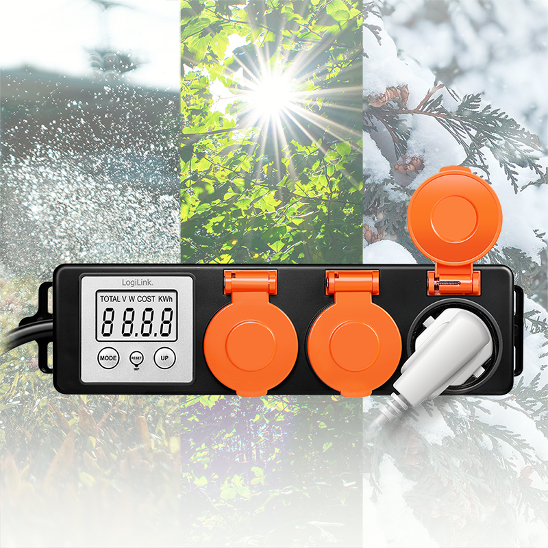 PRELUNGITOR LOGILINK, Schuko x 3, cablu 3G 1.5mm2, 230 V/16 A, 50 Hz, max. 3500 W, contor cost energetic, LCD, 3 butoane operare, IP44, de exterior, 1.4m, negru-portocaliu, "EM0008"