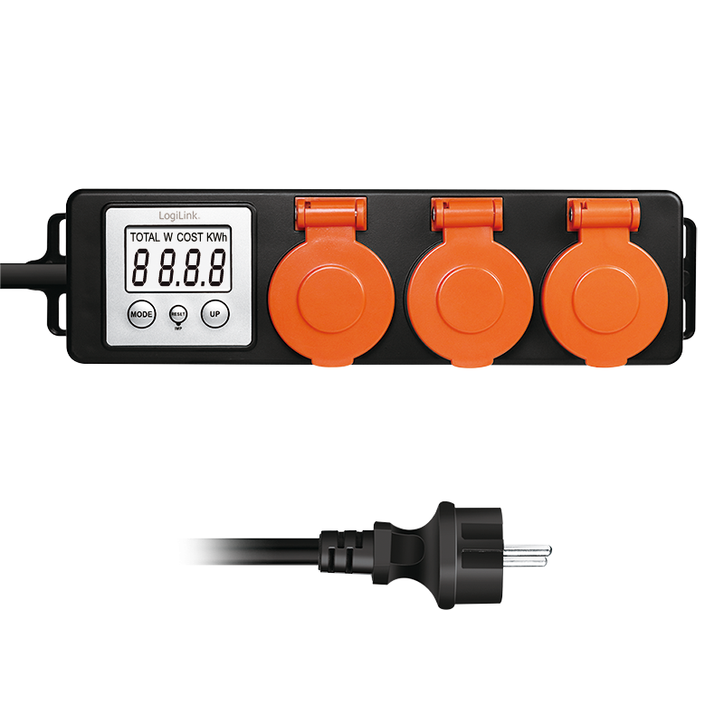 PRELUNGITOR LOGILINK, Schuko x 3, cablu 3G 1.5mm2, 230 V/16 A, 50 Hz, max. 3500 W, contor cost energetic, LCD, 3 butoane operare, IP44, de exterior, 1.4m, negru-portocaliu, "EM0008"