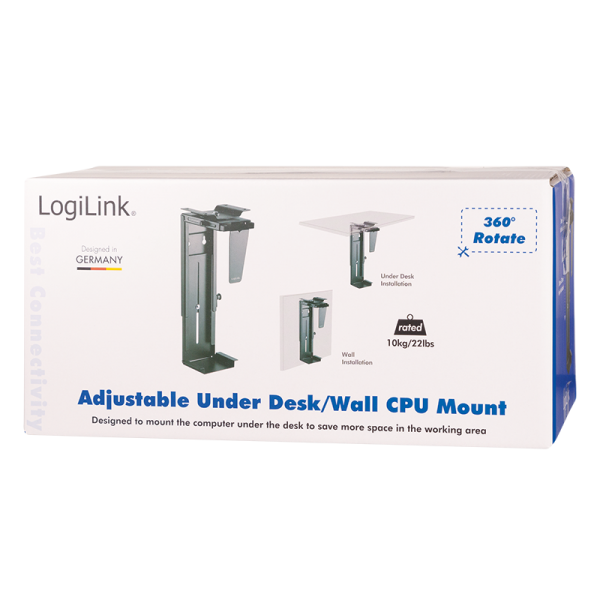 SUPORT de birou LOGILINK pt. unitate centrala, suporta dimensiuni: inaltime 300-533 mm/ latime 88-203 mm, rotatie -180/+180 grade pt. acces la cabluri/porturi, pana la 10Kg, se monteaza sub birou/pe perete, negru, "EO0005"
