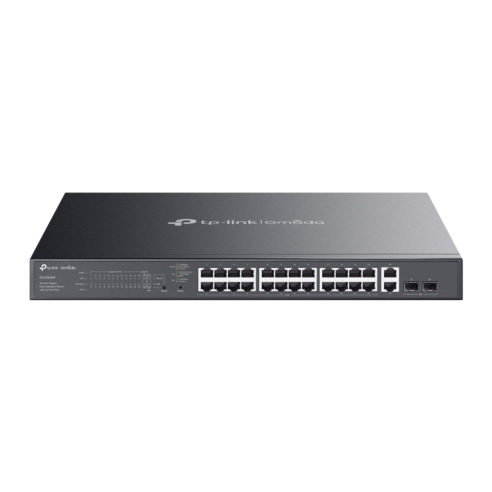 SWITCH TP-Link Easy Managed, Omada 28-Port Gigabit RJ-45 din care 24-Port PoE+, 2× Gigabit SFP, buget POE total 384W, metalic "ES228GMP"