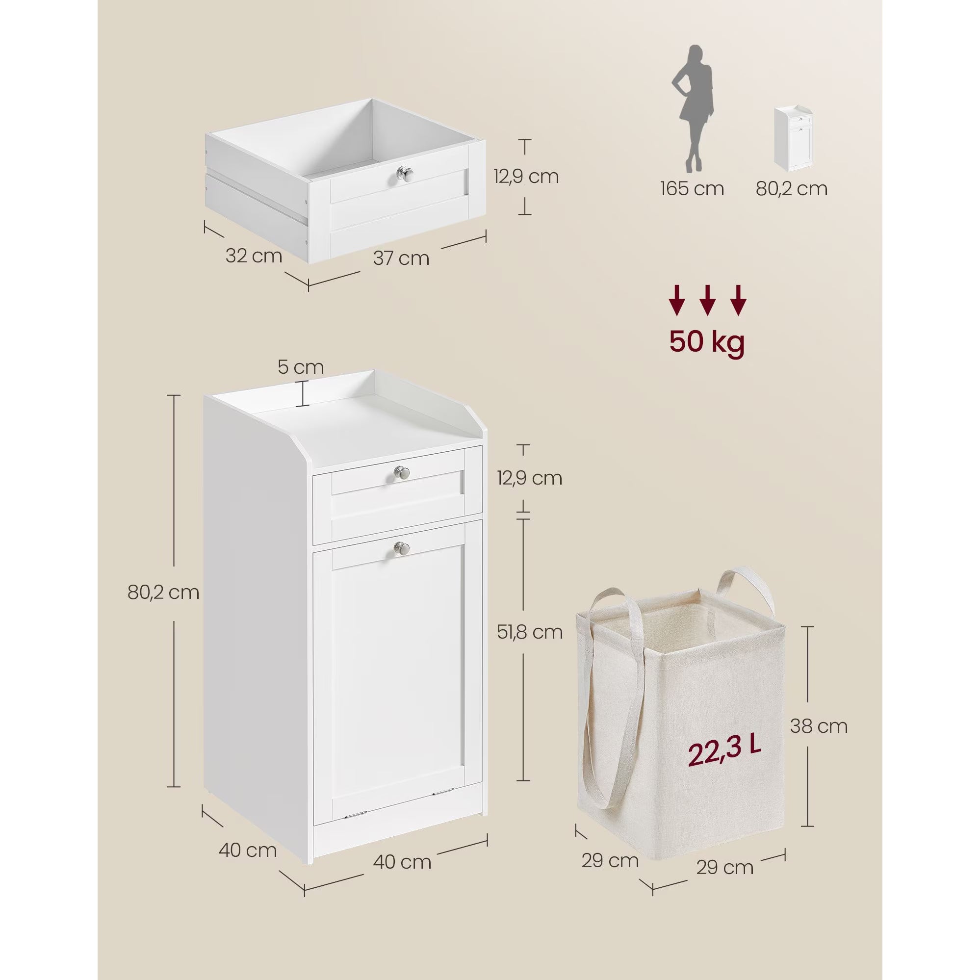 VASAGLE Dulap de baie cu cos de rufe integrat, sertar si blat cu margini ridicate, sac textil detasabil, 80x40x40 cm, alb