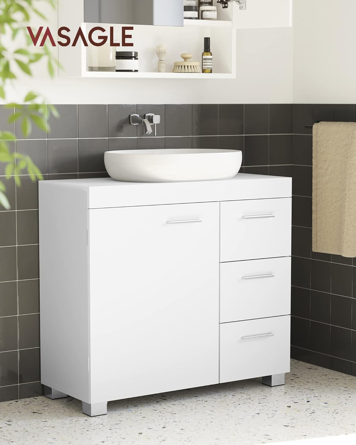 VASAGLE Dulap lavoar baie cu 3 sertare si 2 compartimente, MDF, 30x70x64 cm, alb