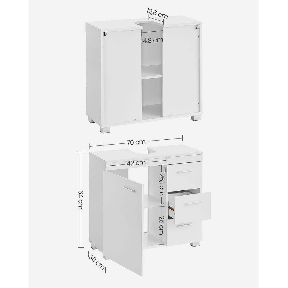 VASAGLE Dulap lavoar baie cu 3 sertare si 2 compartimente, MDF, 30x70x64 cm, alb