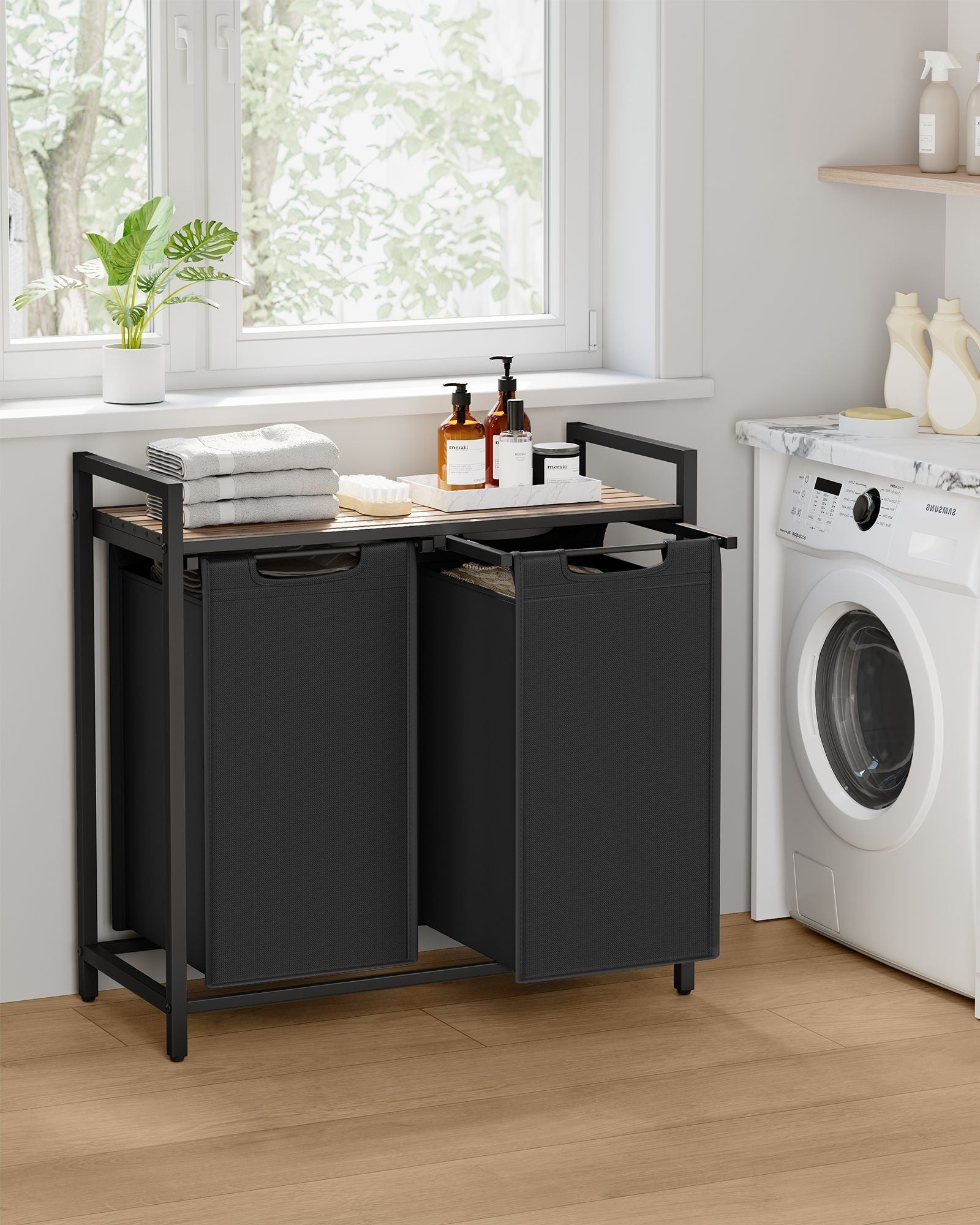 VASAGLE Cos de rufe, 2 compartimente, saci de rufe detasabili, raft, cadru metalic, 2x46L, 73x33x72 cm, maro si negru