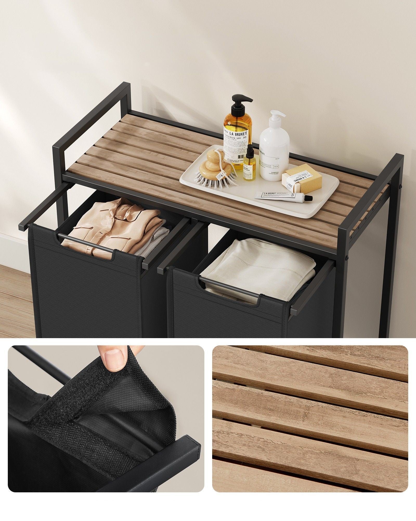 VASAGLE Cos de rufe, 2 compartimente, saci de rufe detasabili, raft, cadru metalic, 2x46L, 73x33x72 cm, maro si negru
