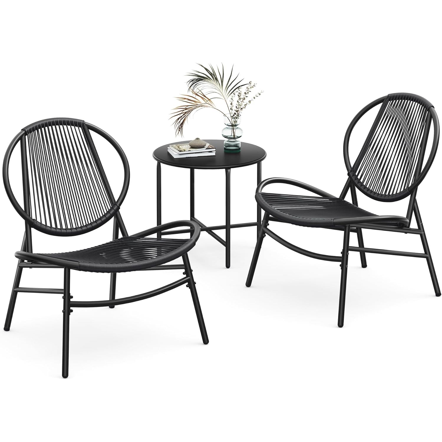 SONGMICS Set bistro gradina 3 piese, scaune Acapulco si masa diametru 50 cm, cadru metalic, negru