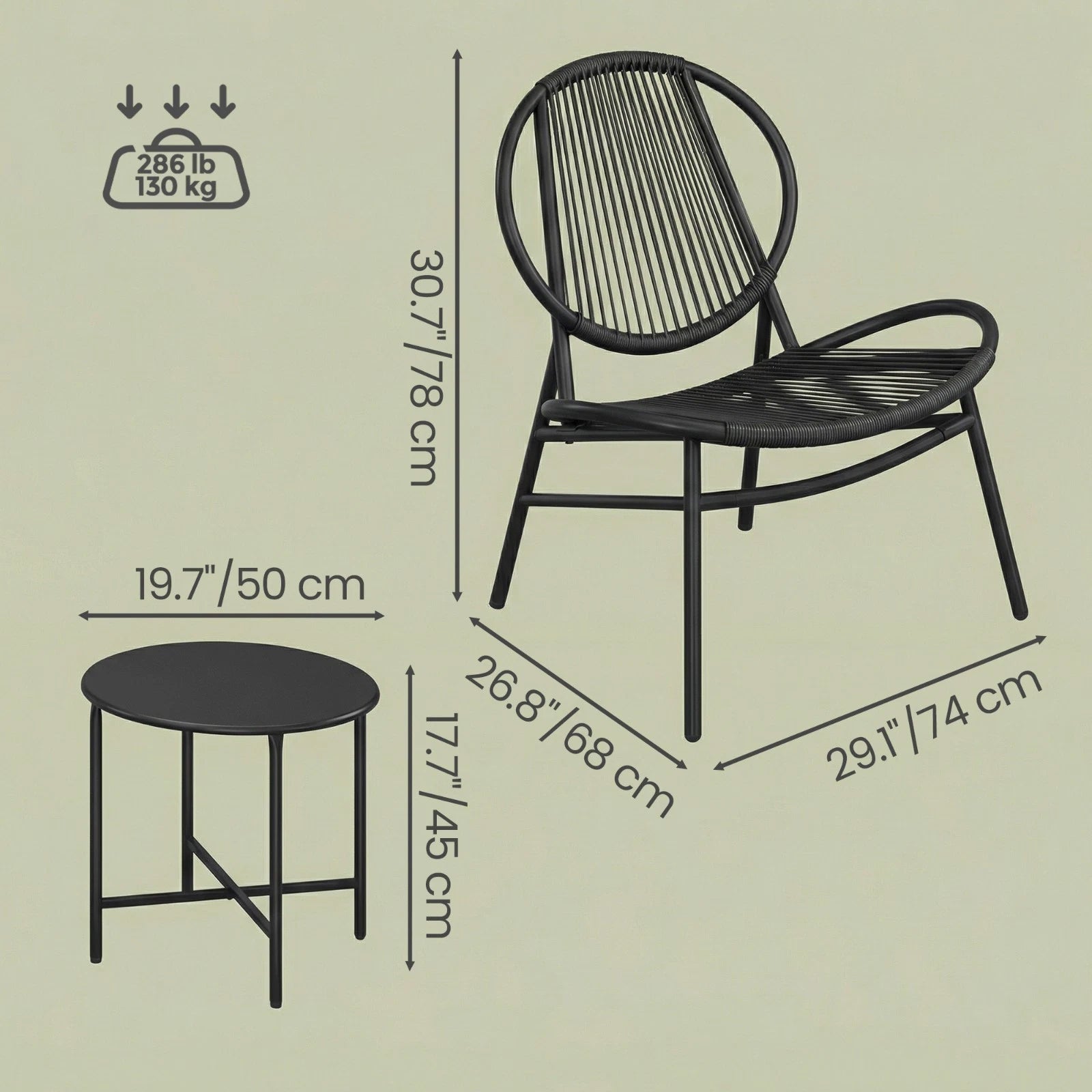 SONGMICS Set bistro gradina 3 piese, scaune Acapulco si masa diametru 50 cm, cadru metalic, negru