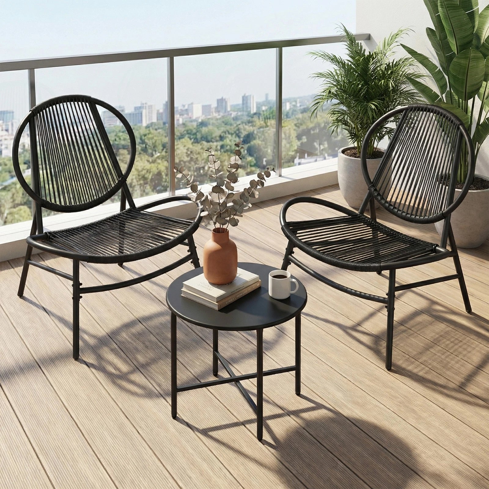 SONGMICS Set bistro gradina 3 piese, scaune Acapulco si masa diametru 50 cm, cadru metalic, negru