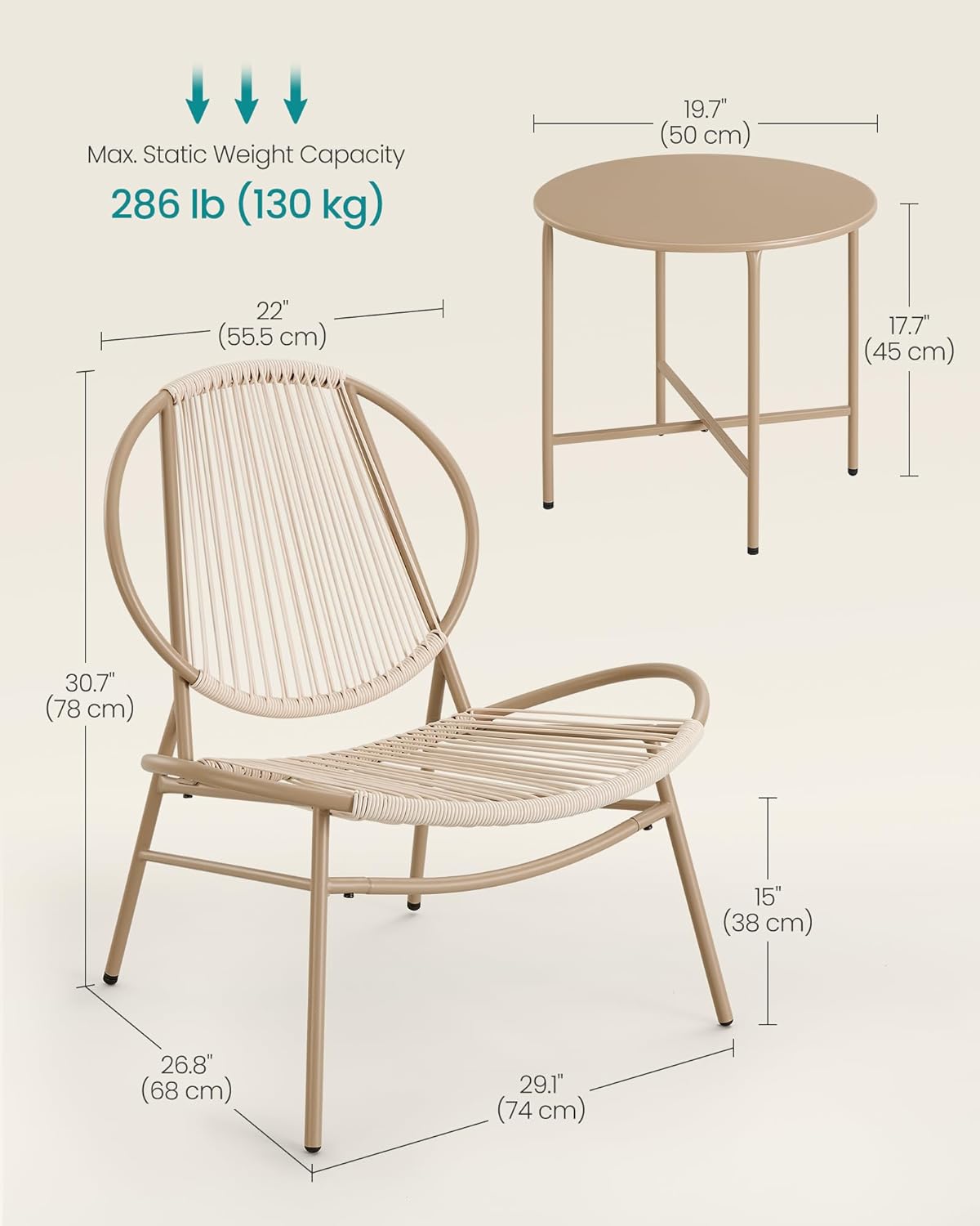 SONGMICS Set bistro gradina 3 piese, scaune Acapulco si masa diametru 50 cm, cadru metalic, maro