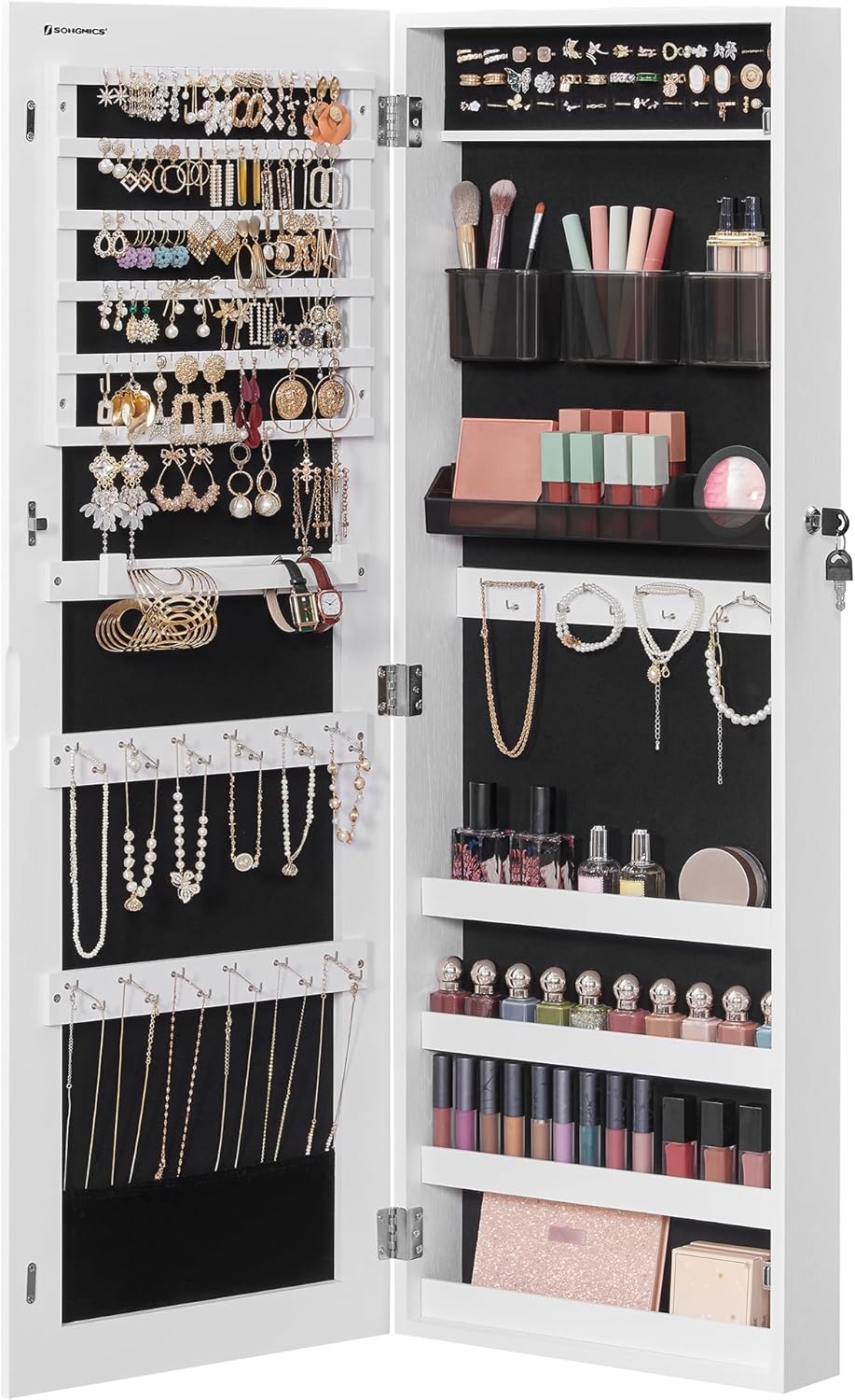 SONGMICS Dulap pentru bijuterii, cu oglinda design fara rama, MDF, montare pe perete sau usa, 37x10x108 cm, alb