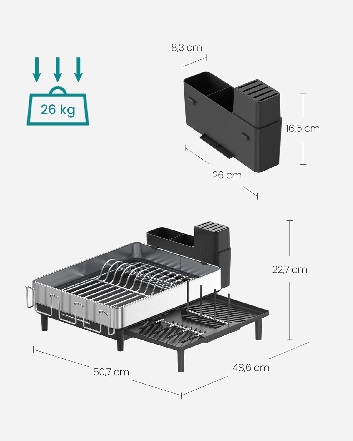 SONGMICS Suport vase inox cu scurgere extensibila, compartimente tacamuri si pahare, 51x49x23 cm, negru