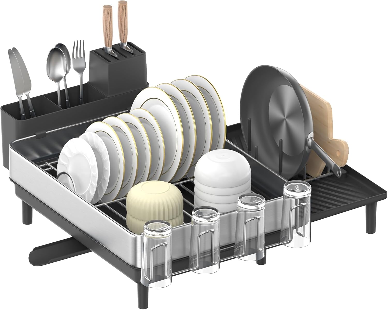SONGMICS Suport vase inox cu scurgere extensibila, compartimente tacamuri si pahare, 51x49x23 cm, negru