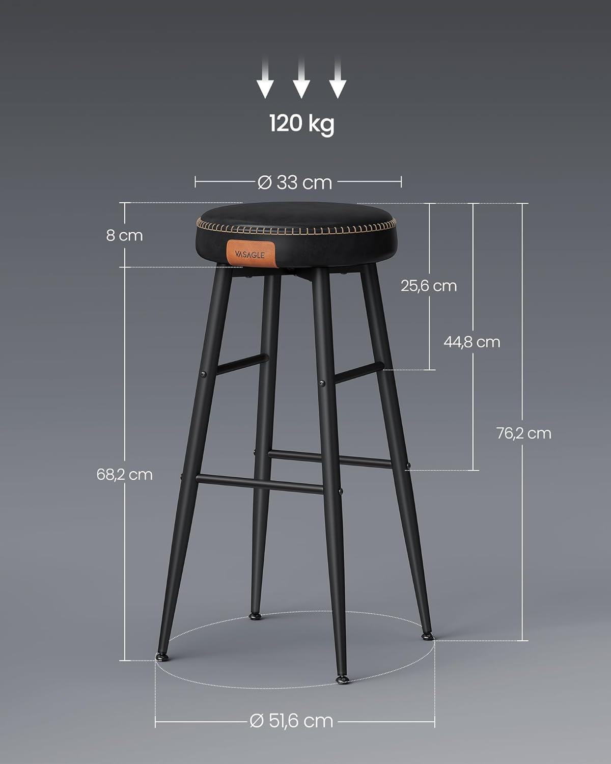 VASAGLE Set 2 scaune bar Ekho, tapitate PU, inaltime sezut 76 cm, 52x76 cm, negru