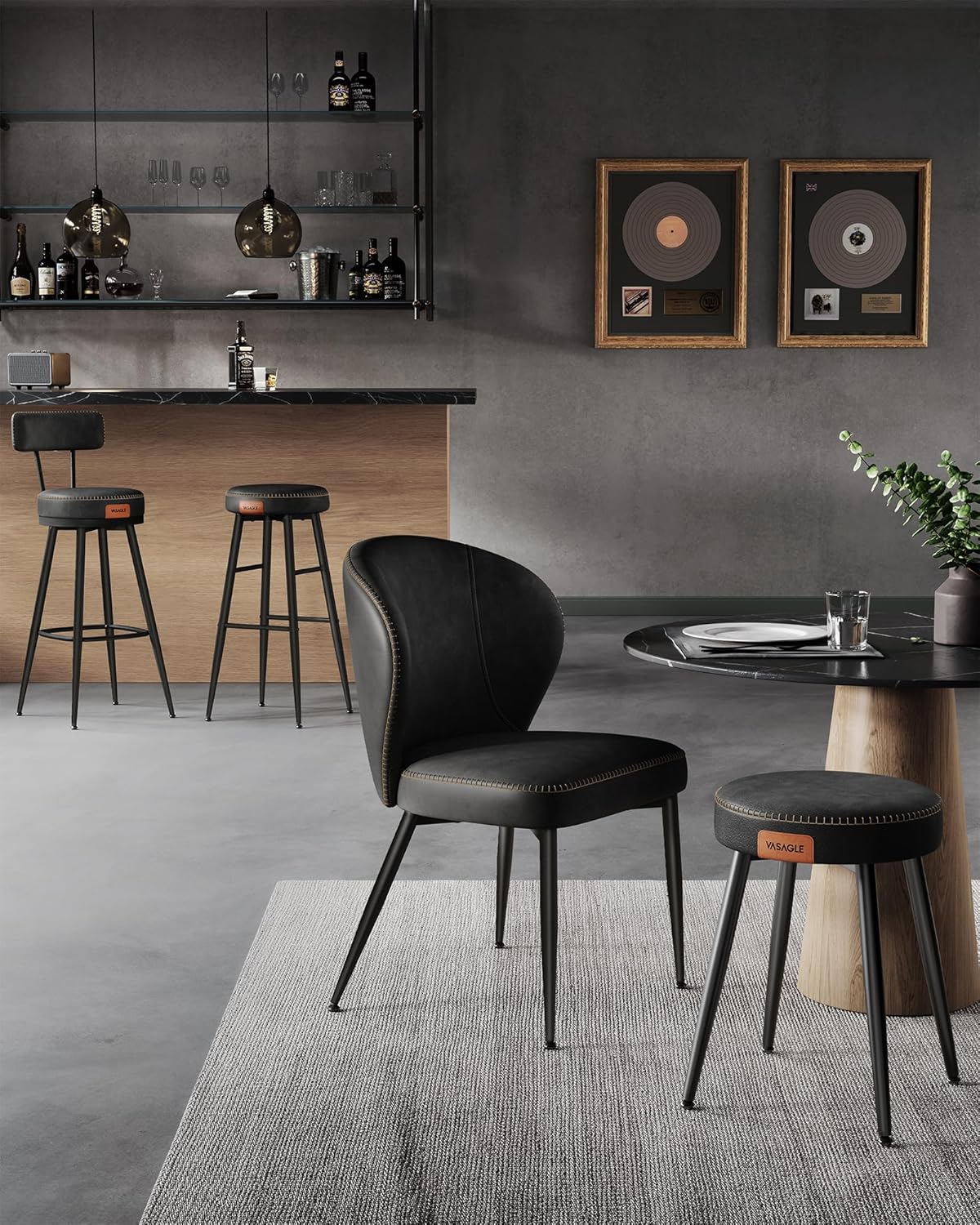 VASAGLE Set 2 scaune bar Ekho, tapitate PU, inaltime sezut 76 cm, 52x76 cm, negru
