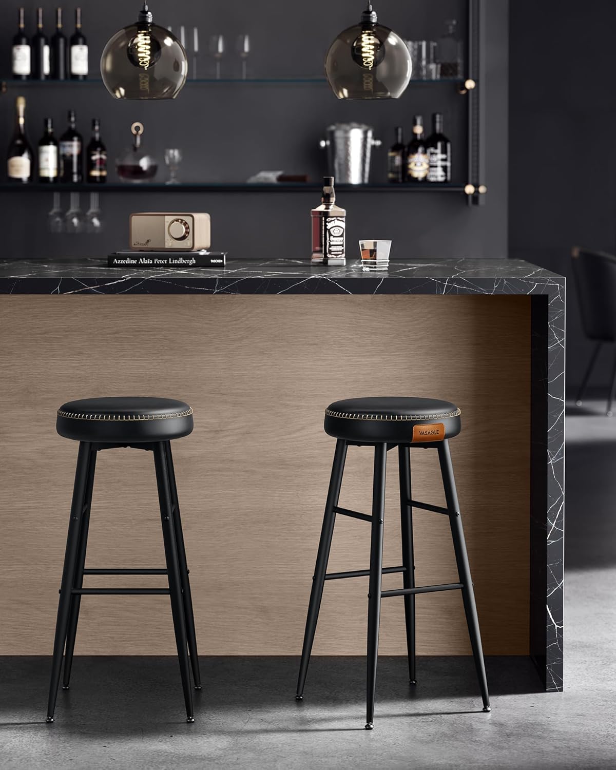 VASAGLE Set 2 scaune bar Ekho, tapitate PU, inaltime sezut 76 cm, 52x76 cm, negru