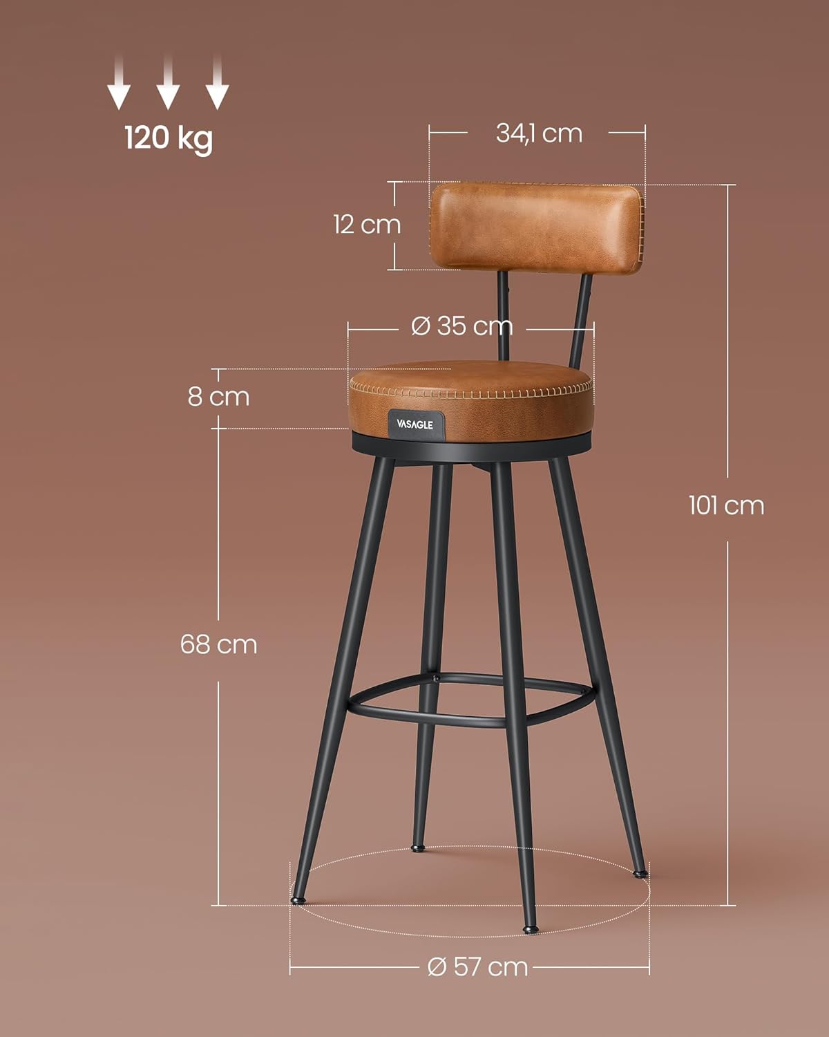 VASAGLE set 2 scaune de bar rotative 360°, cu spatar, inaltime 101 cm, piele sintetica, cadru otel, stil modern, maro