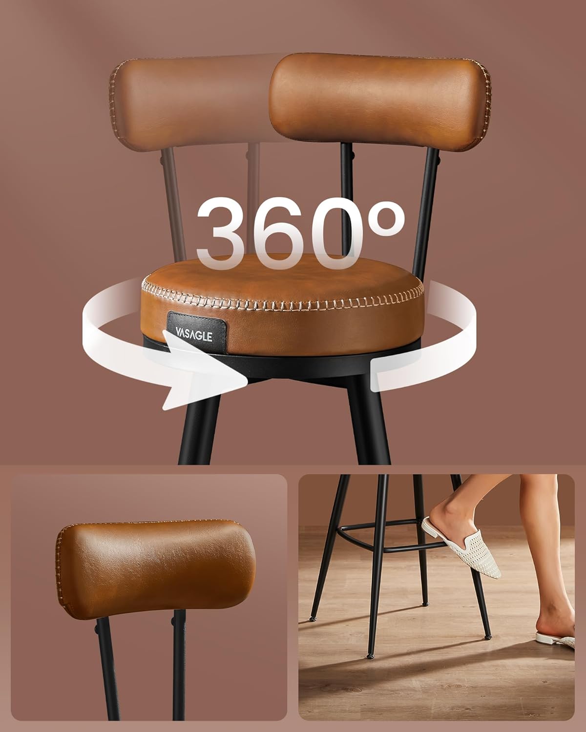 VASAGLE set 2 scaune de bar rotative 360°, cu spatar, inaltime 101 cm, piele sintetica, cadru otel, stil modern, maro