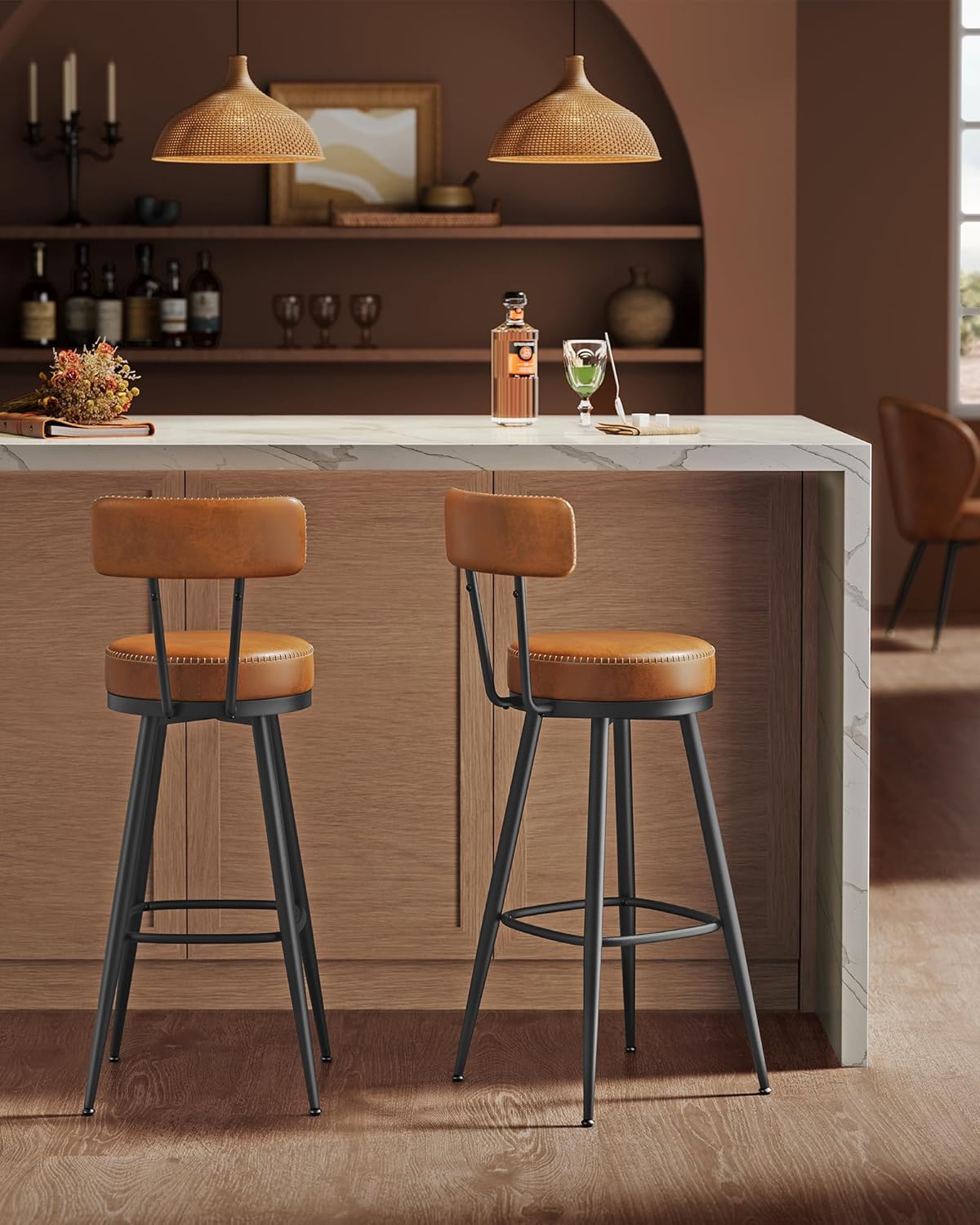 VASAGLE set 2 scaune de bar rotative 360°, cu spatar, inaltime 101 cm, piele sintetica, cadru otel, stil modern, maro