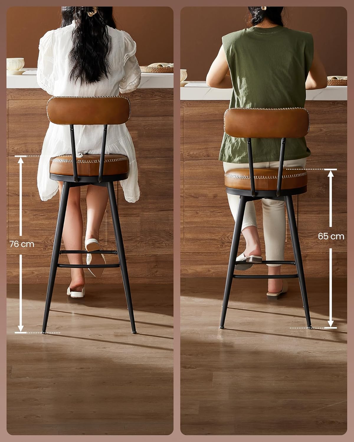 VASAGLE set 2 scaune de bar rotative 360°, cu spatar, inaltime 101 cm, piele sintetica, cadru otel, stil modern, maro