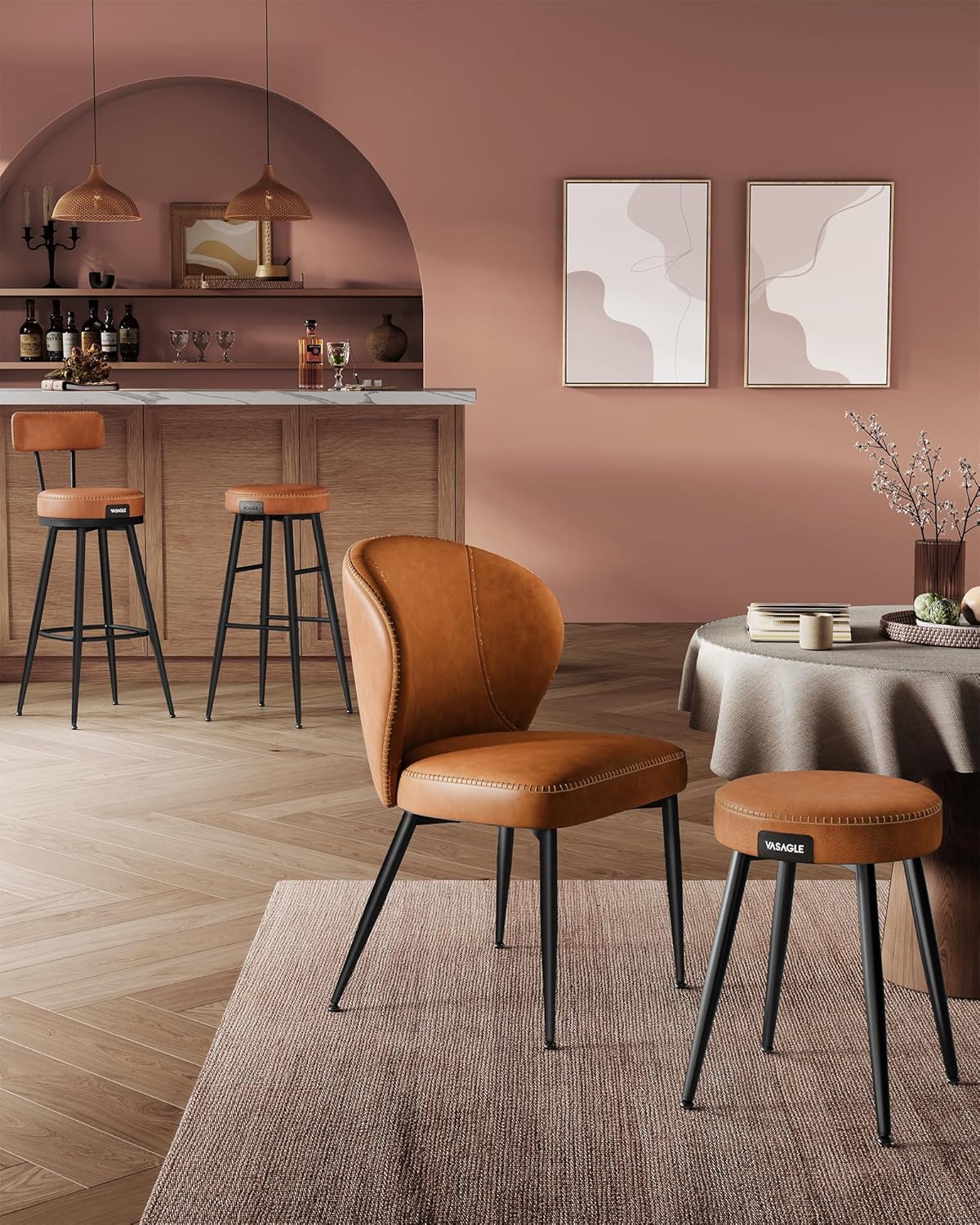 VASAGLE set 2 scaune de bar rotative 360°, cu spatar, inaltime 101 cm, piele sintetica, cadru otel, stil modern, maro