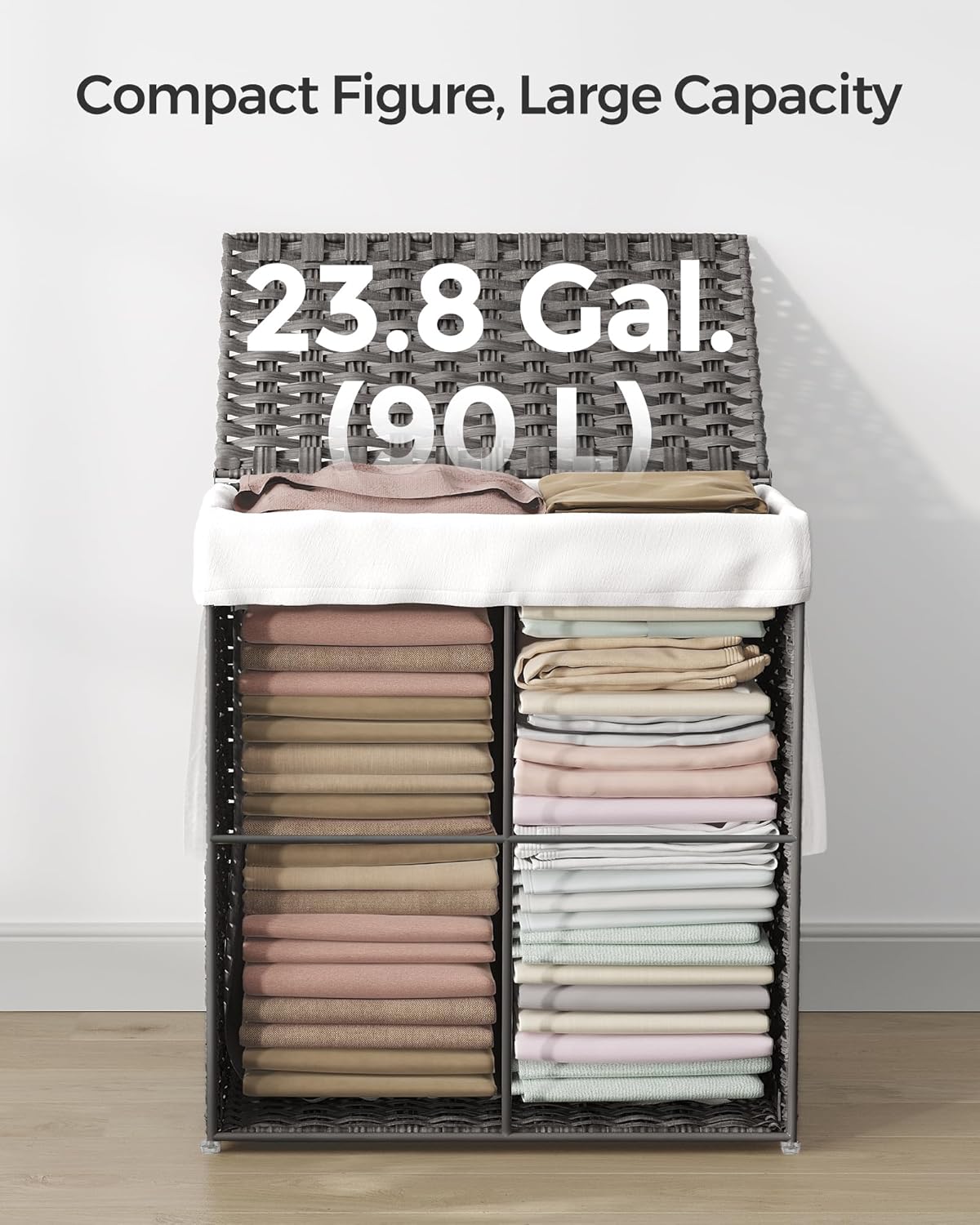 SONGMICS Cos rufe cu capac, ratan sintetic si sac detasabil, 90 L, 46x33x60 cm, gri
