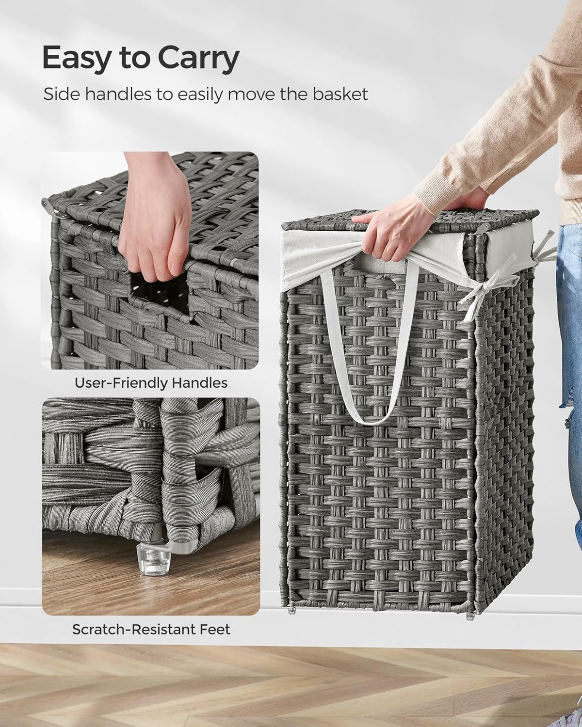 SONGMICS Cos rufe cu capac, ratan sintetic si sac detasabil, 90 L, 46x33x60 cm, gri