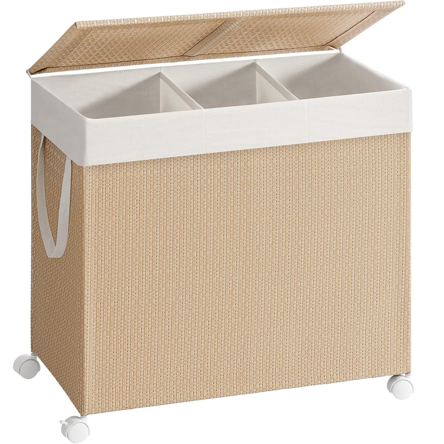 SONGMICS Cos rufe din tesatura tip ratan, 140L cu 3 compartimente si roti, 66x38x65 cm, bej natur