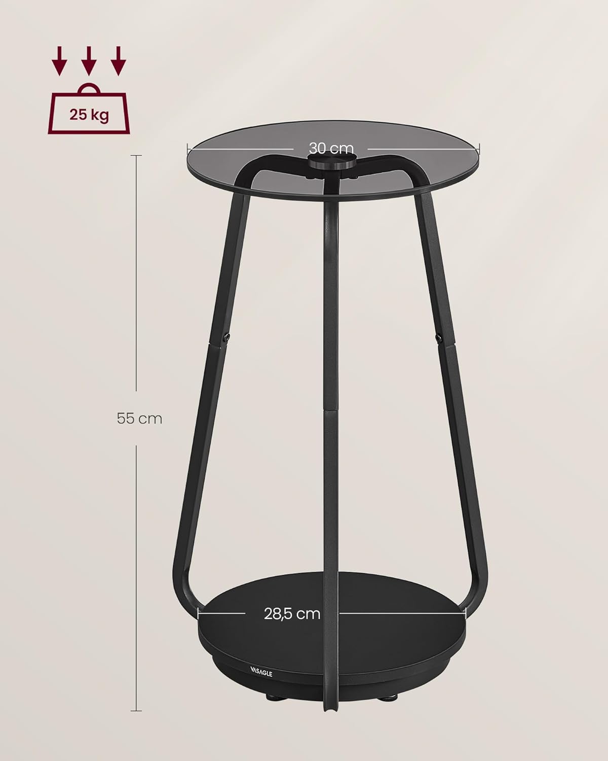 VASAGLE Masuta rotunda tip noptiera, blat din sticla si raft inferior din PAL, cadru metalic, 30x30x55 cm, negru