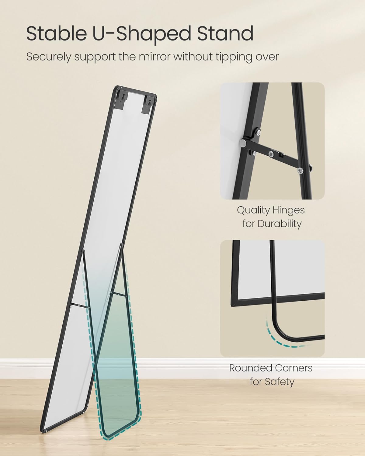 SONGMICS Oglinda de podea tip dressing, rama din aluminiu, sticla securizata, 150x40 cm, negru