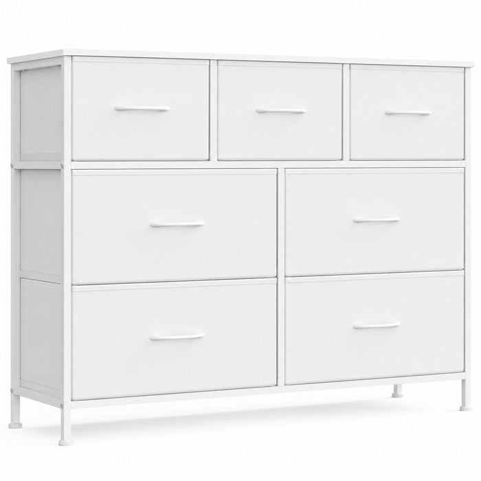 SONGMICS Comoda cu 7 sertare, cadru metalic si blat MDF, sertare textile, 99x30x74 cm, alb - BazarOltenia
