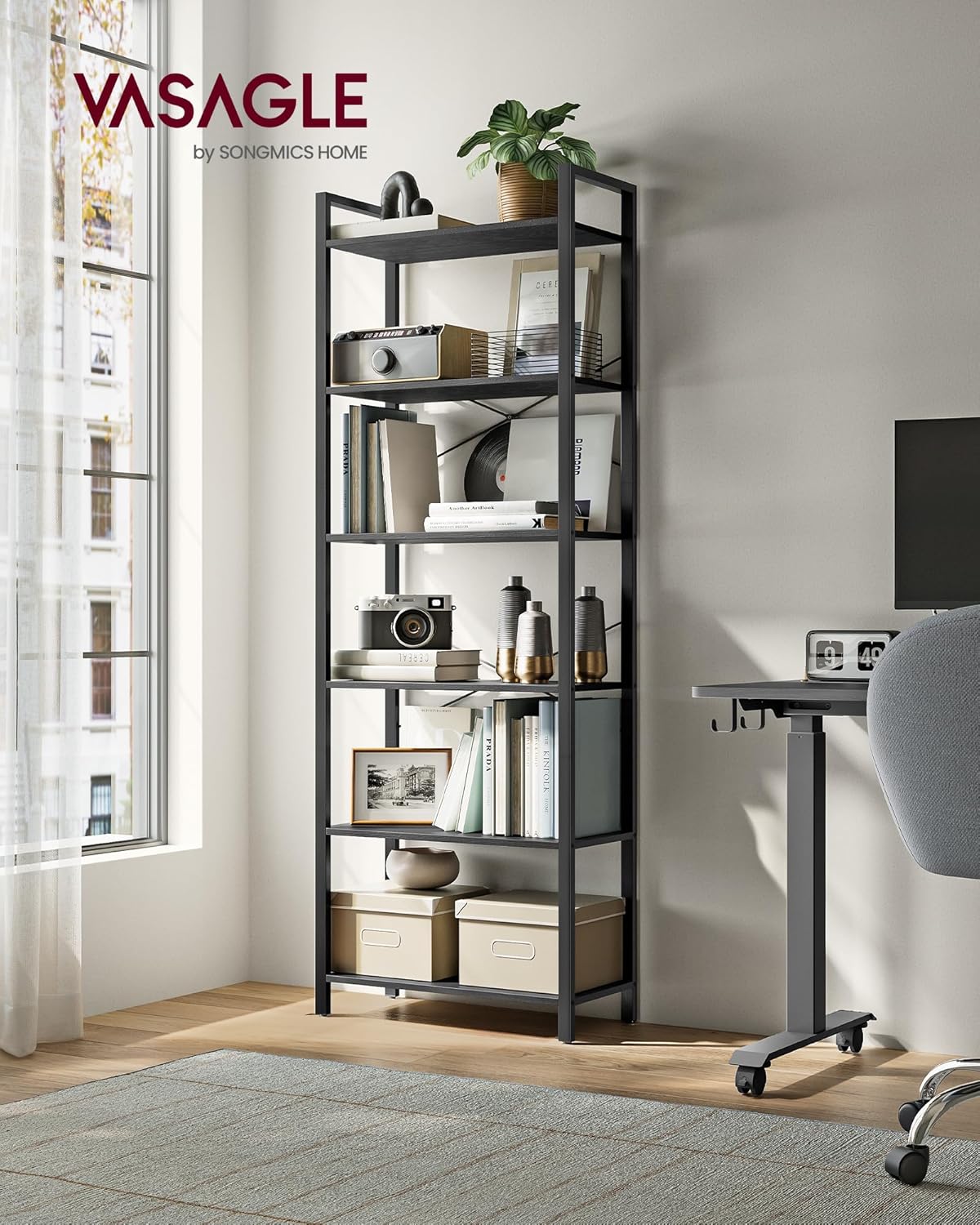 VASAGLE Biblioteca 6 niveluri, cu cadru metalic si rafturi PAL, 66x30x186 cm, negru