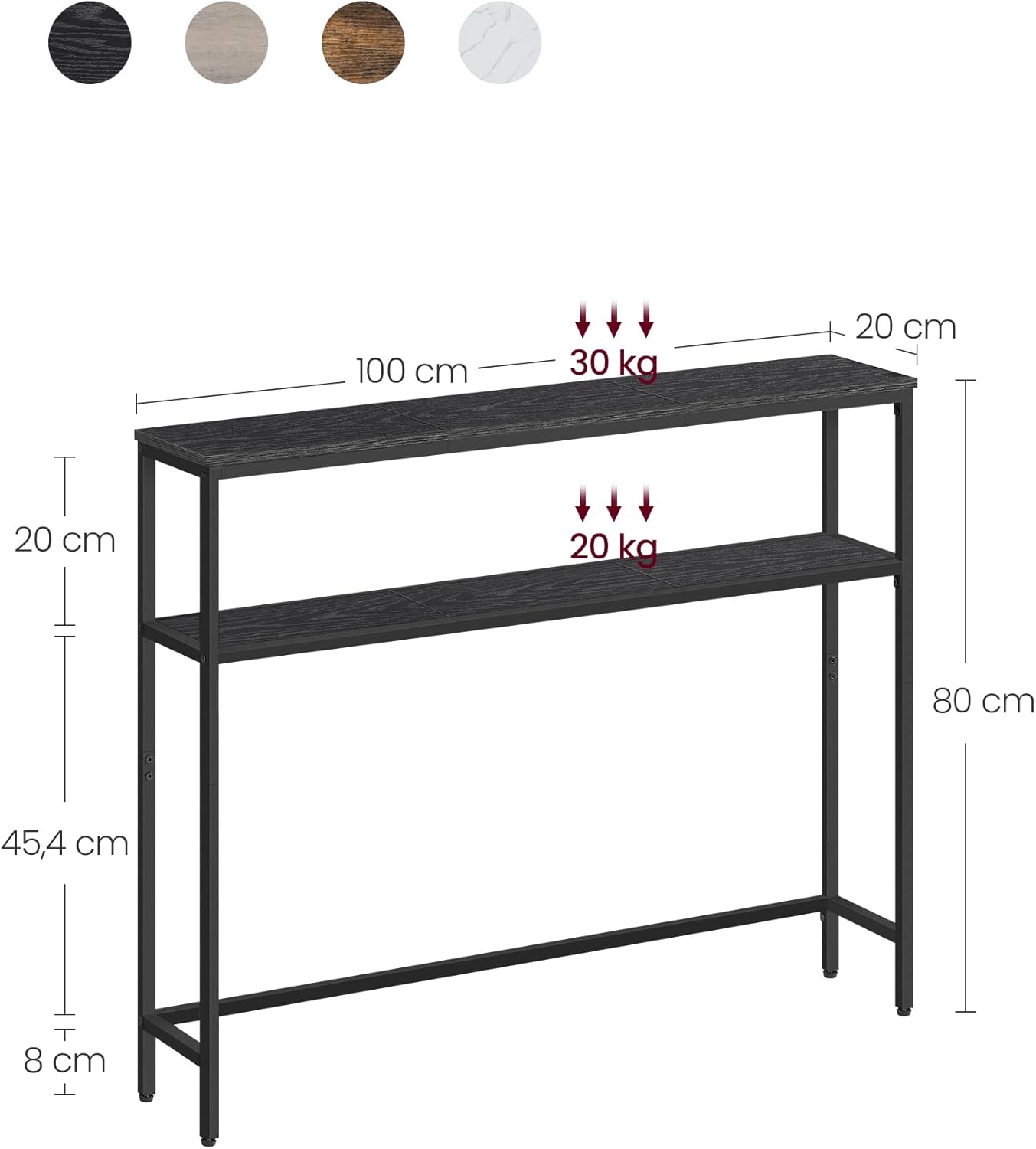 VASAGLE Masa consola hol cu 2 rafturi, cadru metalic si polite din PAL, 100x20x80 cm, negru