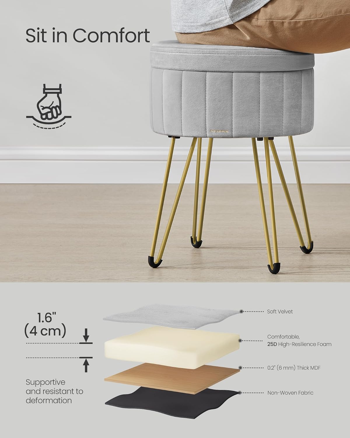 SONGMICS Taburet rotund cu spatiu de depozitare, tapiterie catifelata, 32x39x44 cm, gri