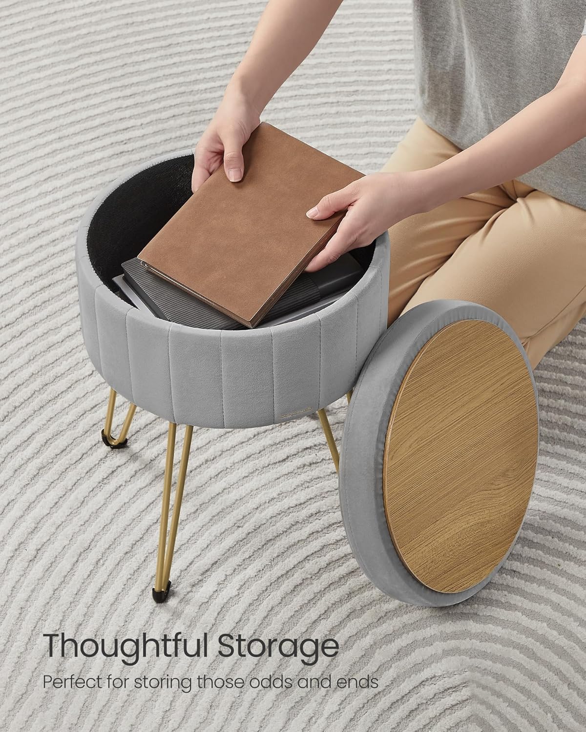 SONGMICS Taburet rotund cu spatiu de depozitare, tapiterie catifelata, 32x39x44 cm, gri