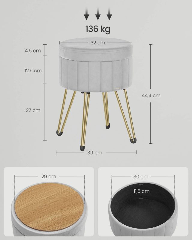 SONGMICS Taburet rotund cu spatiu de depozitare, tapiterie catifelata, 32x39x44 cm, gri
