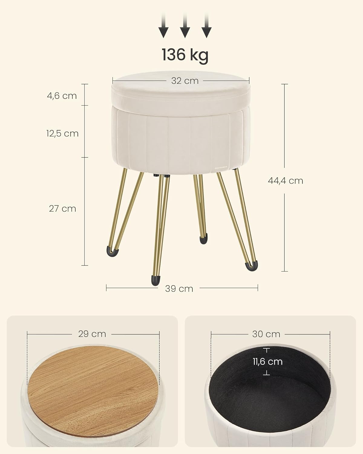 SONGMICS Taburet rotund cu spatiu de depozitare, tapitat catifea, 32x39x44 cm, crem