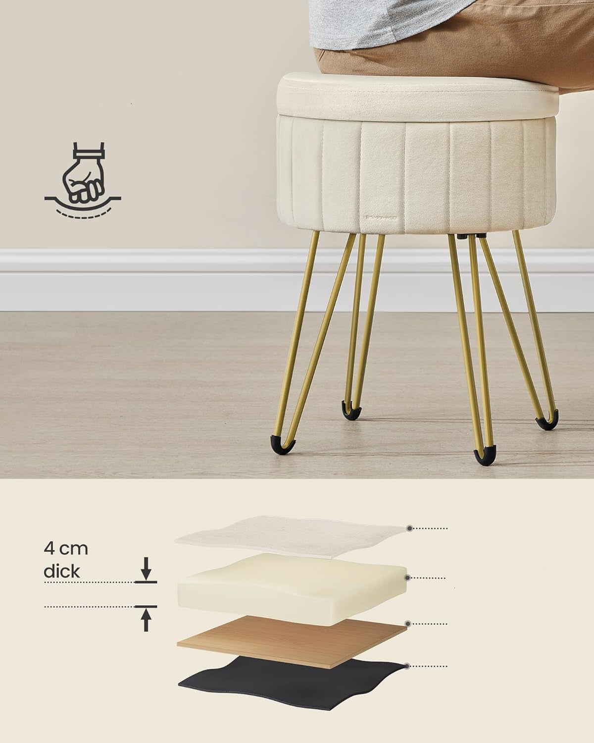 SONGMICS Taburet rotund cu spatiu de depozitare, tapitat catifea, 32x39x44 cm, crem