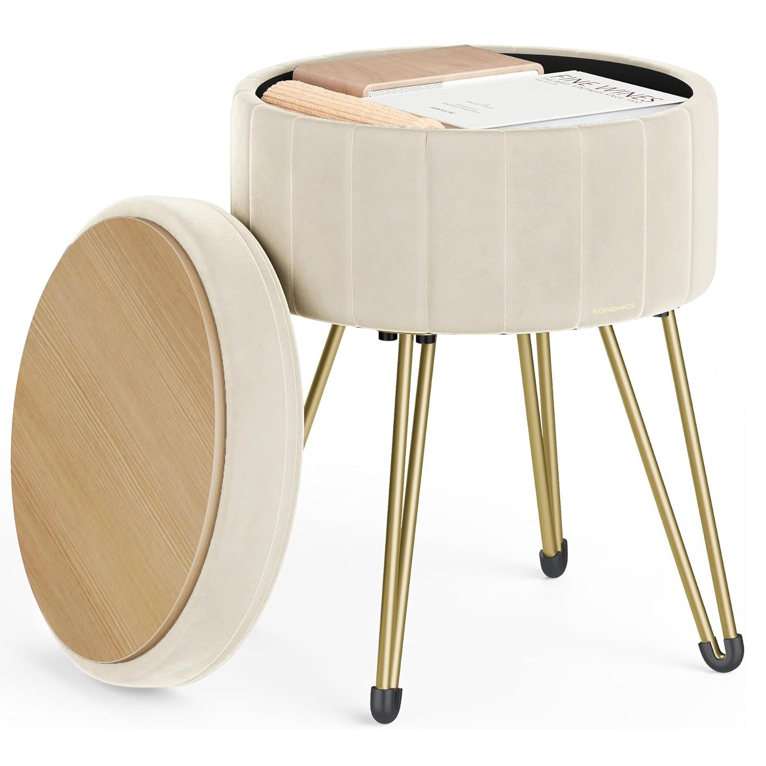SONGMICS Taburet rotund cu spatiu de depozitare, tapitat catifea, 32x39x44 cm, crem