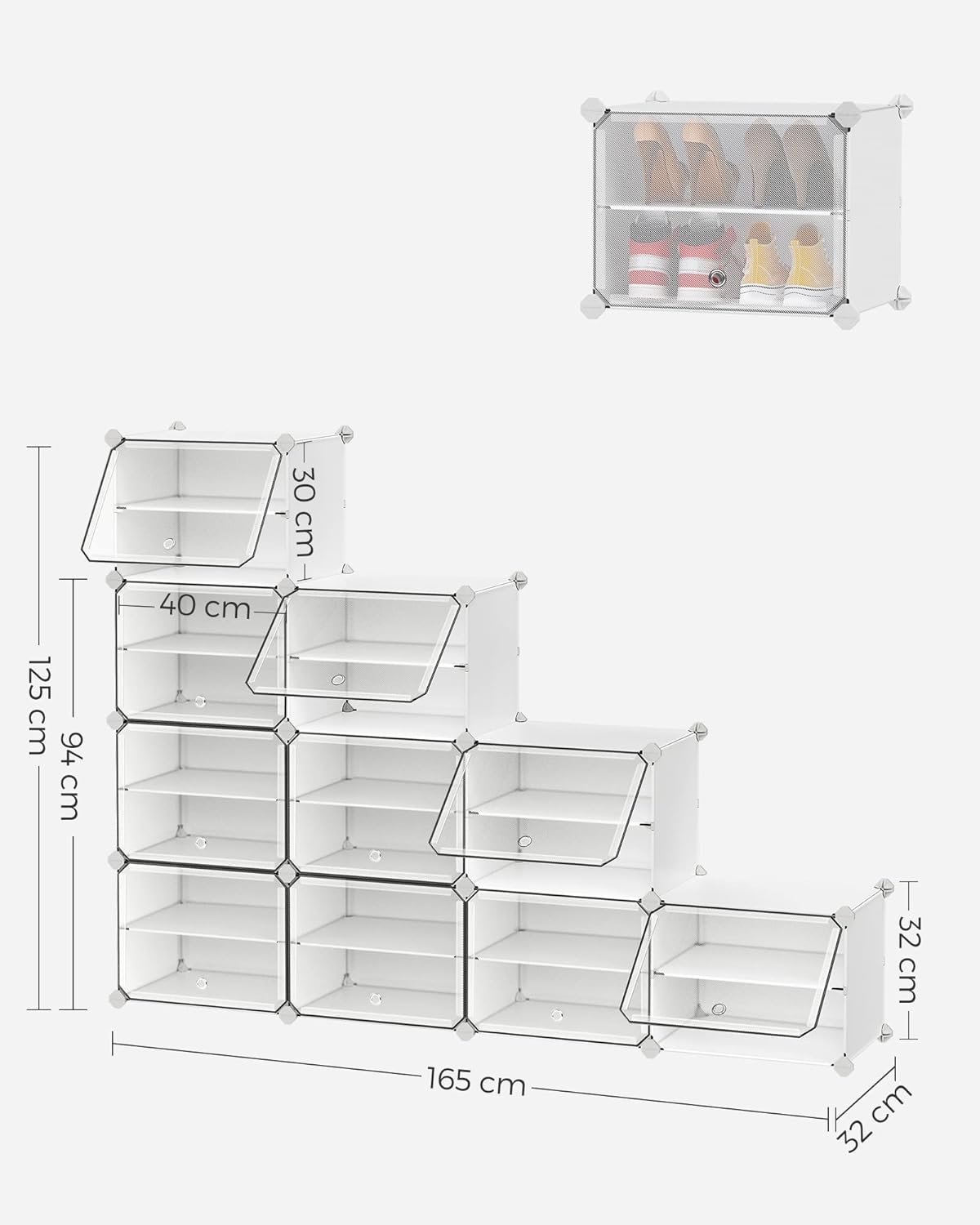 SONGMICS Dulap modular pantofi cu 10 compartimente, cu usi transparente, 83x32x156 cm, alb