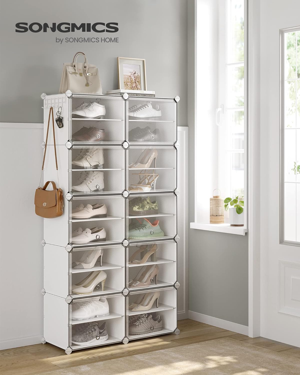 SONGMICS Dulap modular pantofi cu 10 compartimente, cu usi transparente, 83x32x156 cm, alb