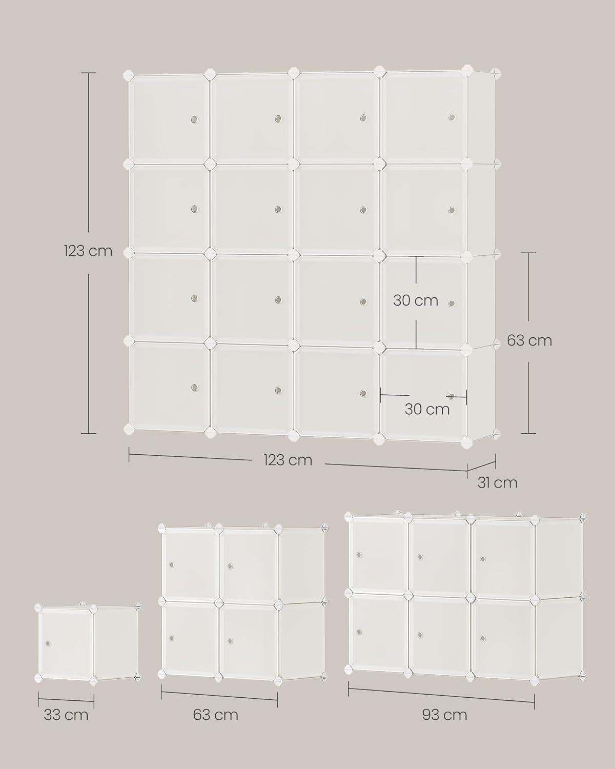 SONGMICS Dulap modular cu 16 cuburi si usi, cadru metalic, asamblare usoara, 123x123x31 cm, crem