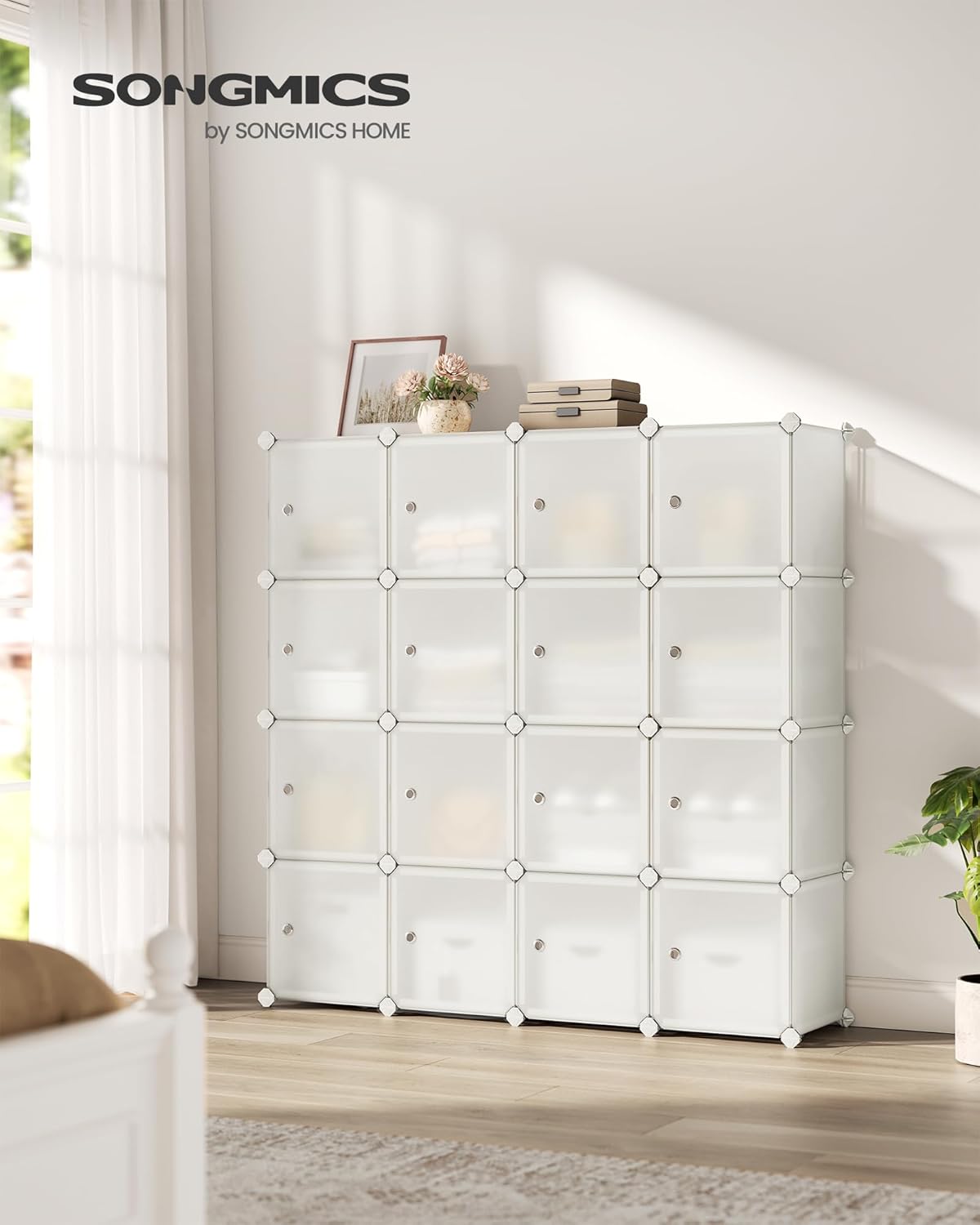 SONGMICS Dulap modular cu 16 cuburi si usi, cadru metalic, asamblare usoara, 123x123x31 cm, crem