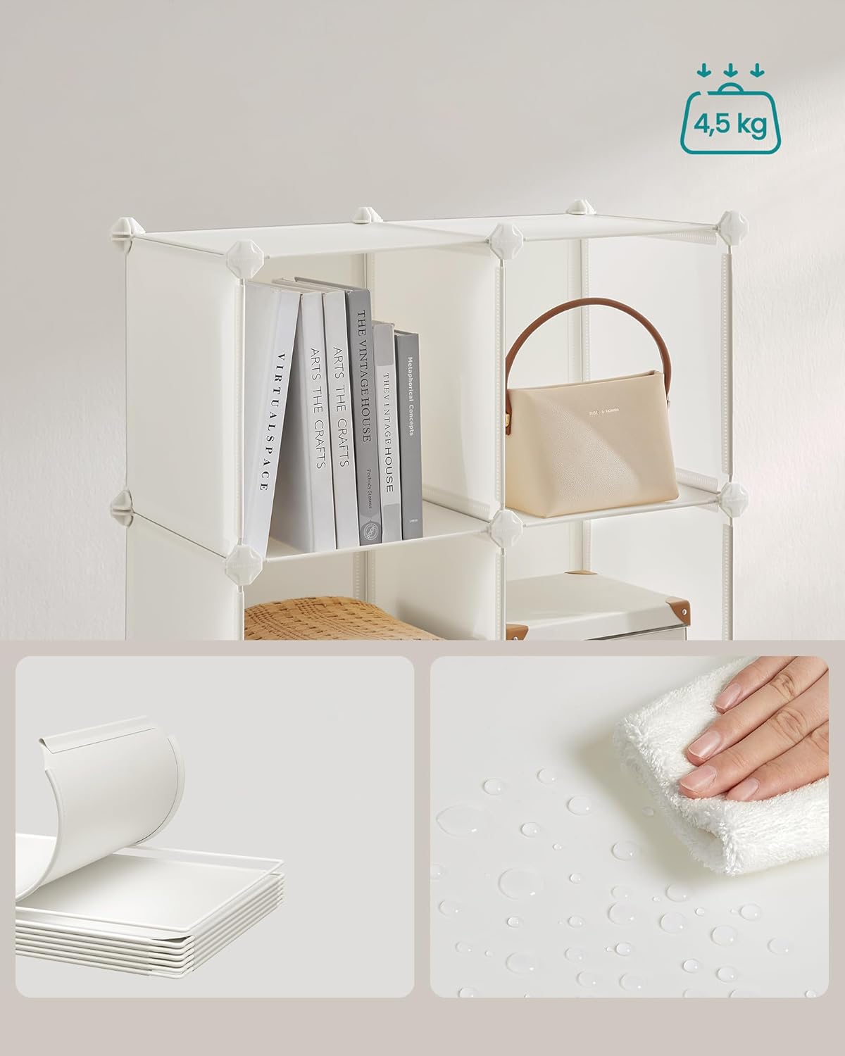 SONGMICS Dulap modular cu 16 cuburi si usi, cadru metalic, asamblare usoara, 123x123x31 cm, crem