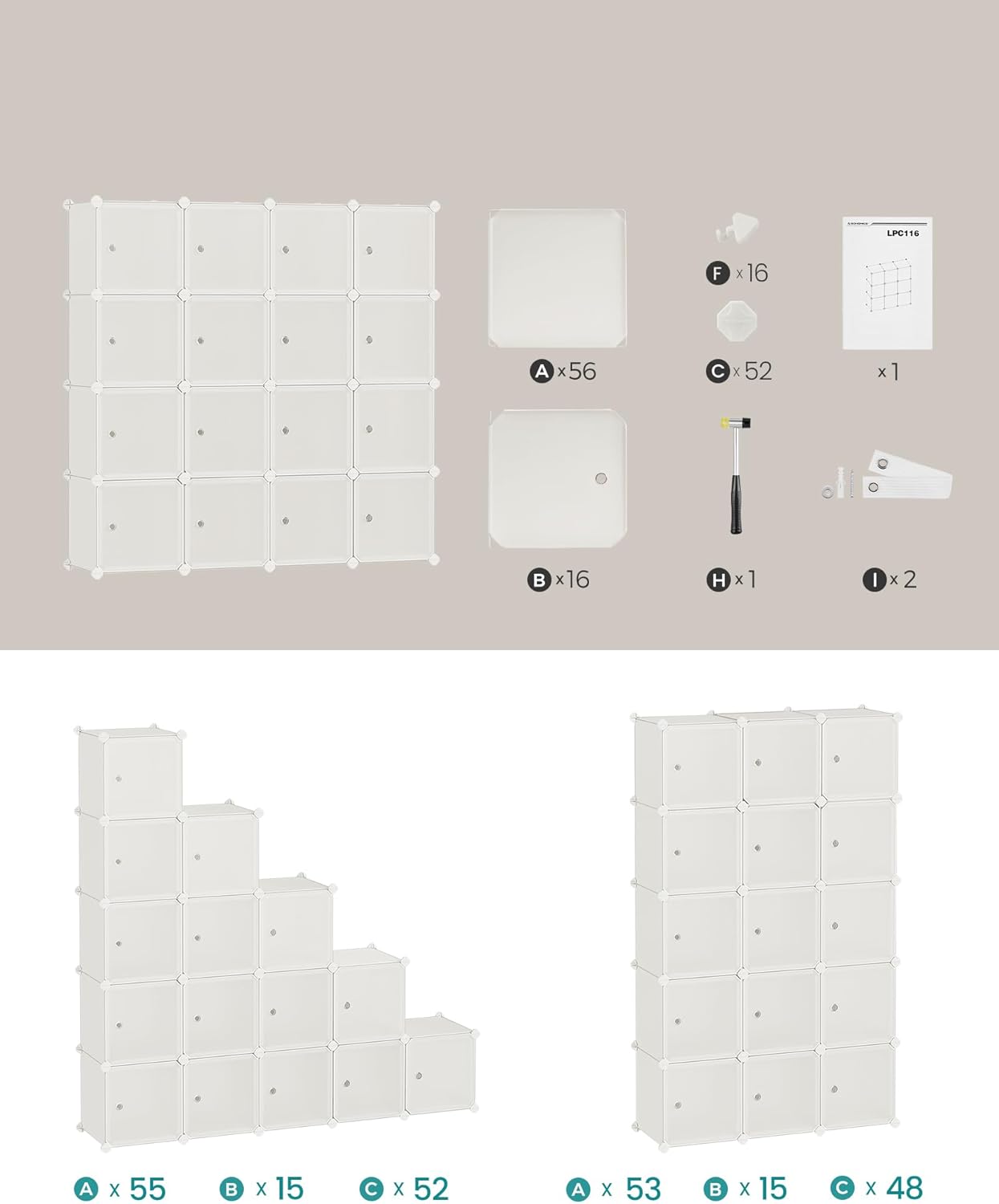 SONGMICS Dulap modular cu 16 cuburi si usi, cadru metalic, asamblare usoara, 123x123x31 cm, crem