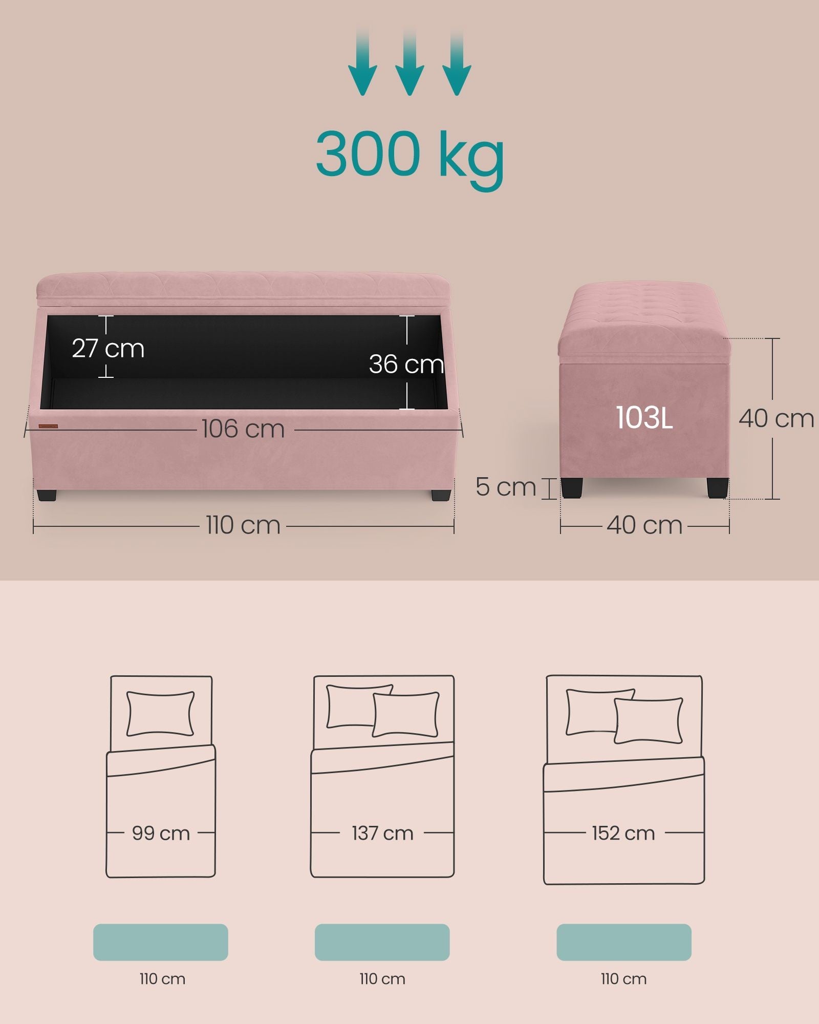 SONGMICS Bancuta depozitare cu picioare, velur matlasat, 103 litri, 110x40x40 cm, roz