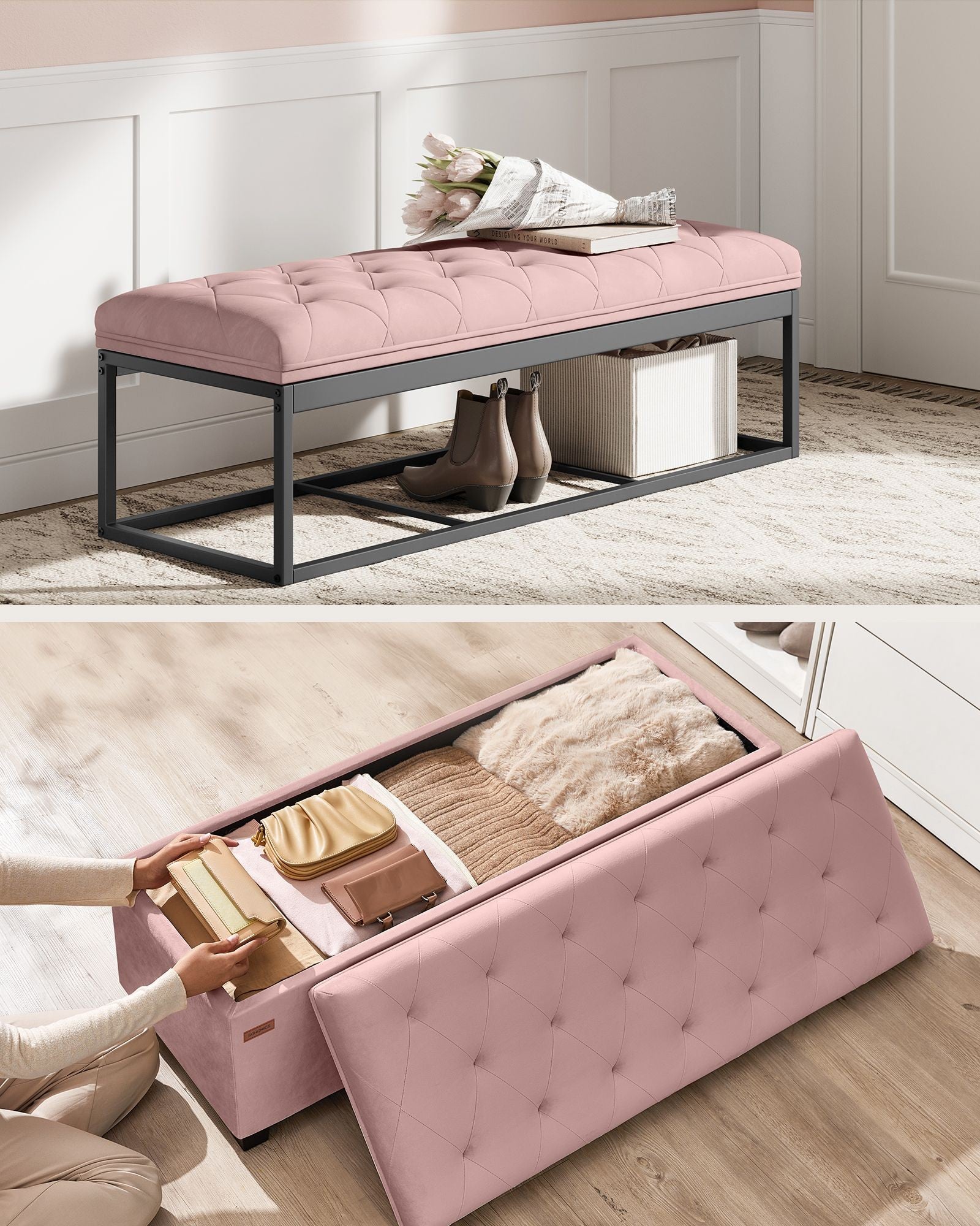 SONGMICS Bancuta depozitare cu picioare, velur matlasat, 103 litri, 110x40x40 cm, roz