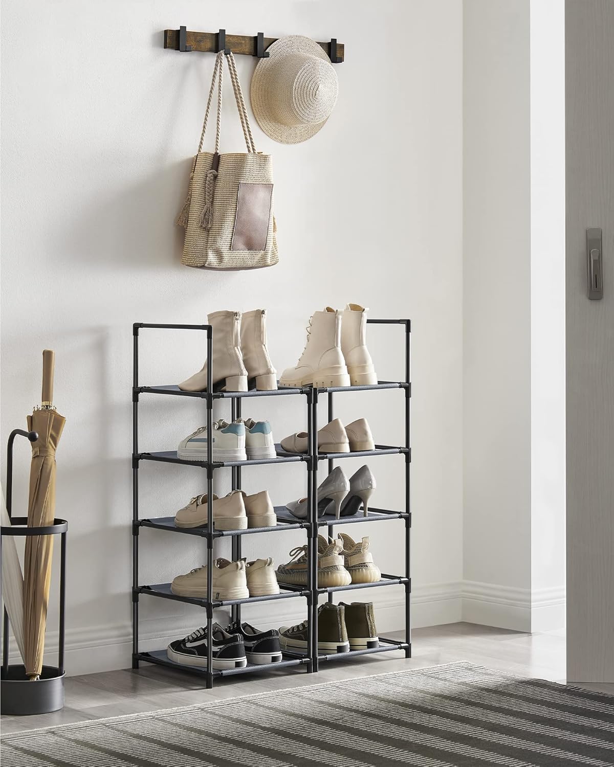 SONGMICS Suport pentru pantofi cu 10 nivele, cadru metalic, rafturi din textil, 33x33x173cm, gri