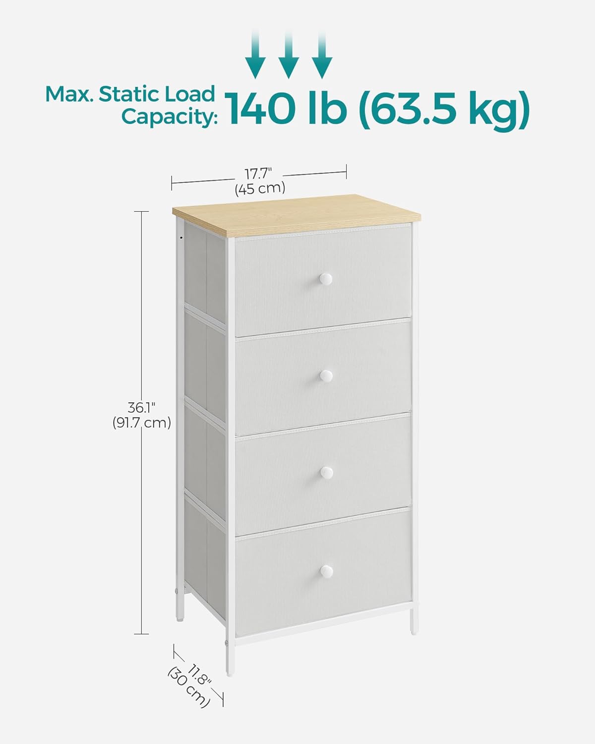SONGMICS Comoda cu 4 sertare din material textil, cadru metalic, 45x30x91 cm, alb