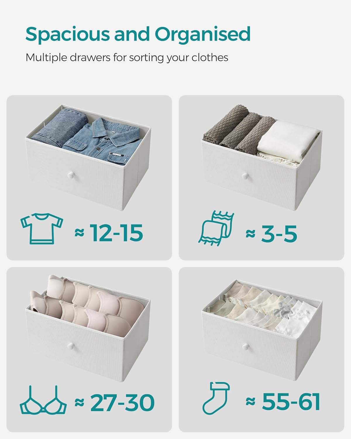 SONGMICS Comoda cu 4 sertare din material textil, cadru metalic, 45x30x91 cm, alb
