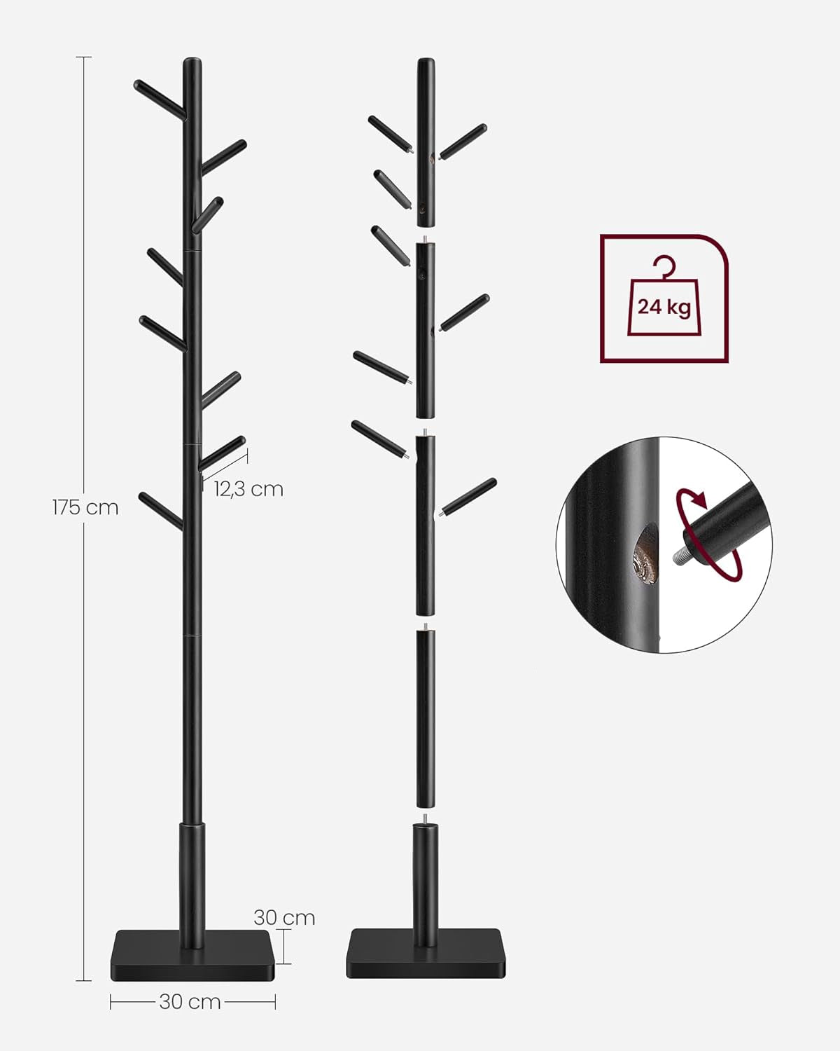 VASAGLE Cuier pentru haine, din lemn masiv, tip pom, cu 8 carlige, baza patrata, 175cm, negru